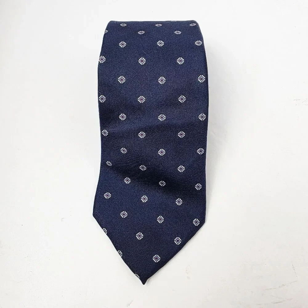 Christian Dior Vintage Geometric Silk Necktie Mens Navy Blue White